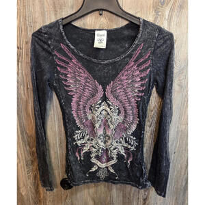 Vocal Long Sleeve Fitted Shirt Women Size Small Studded Wings Mesh Made in USA